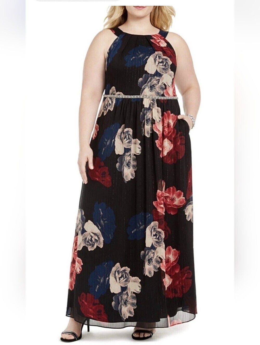 SLNY Plus Maxi Dress Blue Floral Black Long Autumn Wedding size 16W Bridesmaid